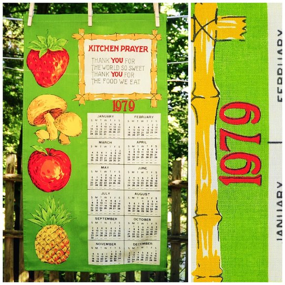 VTG 1979 Kitchen Prayer Calendar Towel Strawberry, Mushrooms, Apple & Pineapple